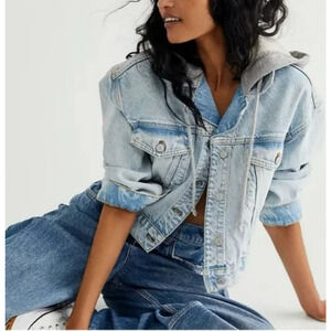 We the Free People Brando Denim Hoodie Jacket Malta Acid Wash Size XS Cropped